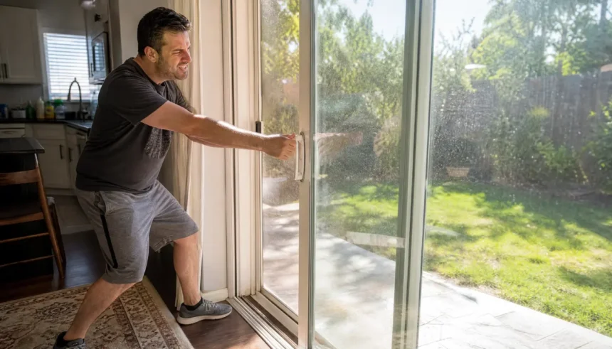 homeowner trying to open a sticking sliding glass patio door