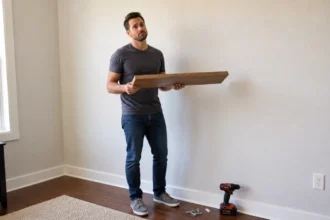 Person holding a wooden shelf against a white drywall wall with a drill and anchors on the floor, no stud finder visible