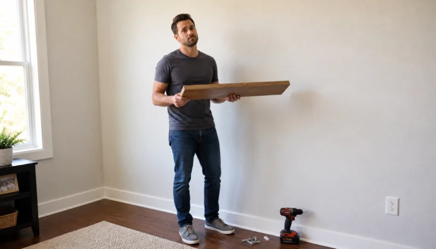Person holding a wooden shelf against a white drywall wall with a drill and anchors on the floor, no stud finder visible