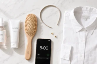 Flat-lay of face mist, moisturiser, wooden hairbrush, beige headband, gold stud earrings, folded white shirt, and a phone timer showing 5:00, with no makeup products in sight.