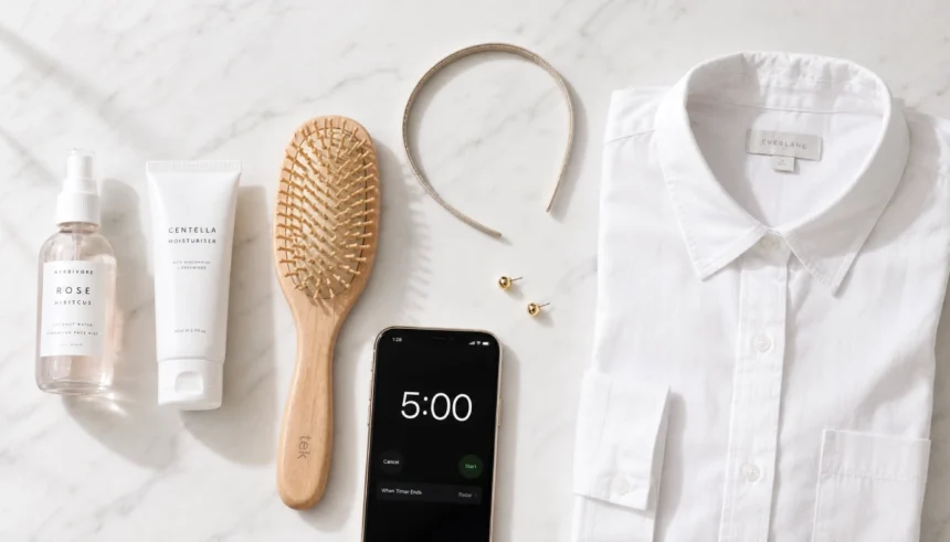 Flat-lay of face mist, moisturiser, wooden hairbrush, beige headband, gold stud earrings, folded white shirt, and a phone timer showing 5:00, with no makeup products in sight.