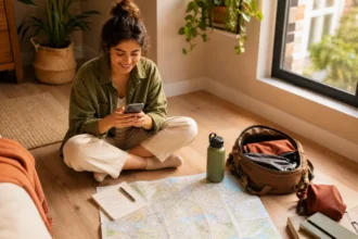 Young woman planning a budget weekend trip on the floor surrounded by a backpack, map, and budget notebook