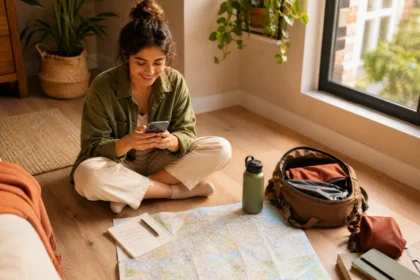 Young woman planning a budget weekend trip on the floor surrounded by a backpack, map, and budget notebook