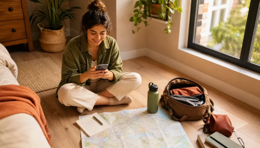 Young woman planning a budget weekend trip on the floor surrounded by a backpack, map, and budget notebook