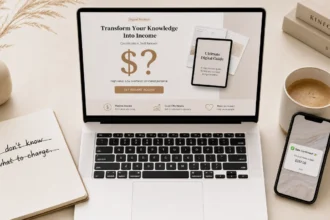 Laptop showing a digital product pricing page with a question mark, notebook with pricing notes, coffee mug, and smartphone with a sales notification