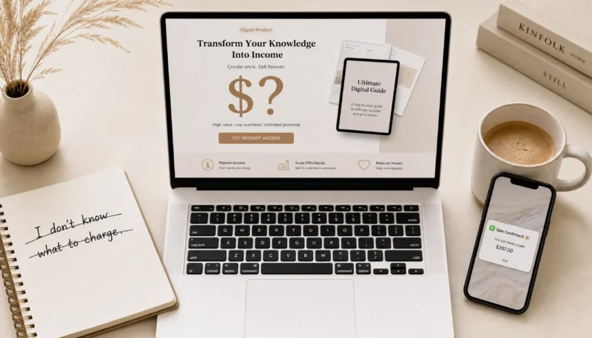 Laptop showing a digital product pricing page with a question mark, notebook with pricing notes, coffee mug, and smartphone with a sales notification