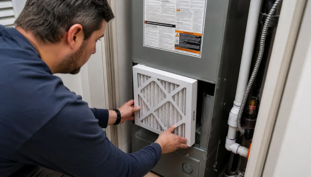 Homeowner installing a clean pleated furnace filter into an HVAC unit