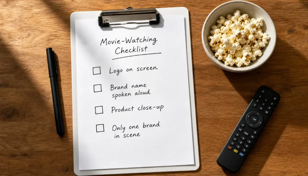 A handwritten product placement spotting checklist on a clipboard next to a TV remote and popcorn, showing tips for identifying brand placements in movies.