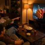 A group of friends watching a movie on TV and pointing at an obvious product placement on screen during a cozy movie night.