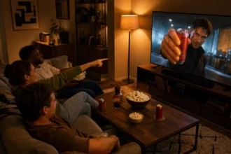 A group of friends watching a movie on TV and pointing at an obvious product placement on screen during a cozy movie night.