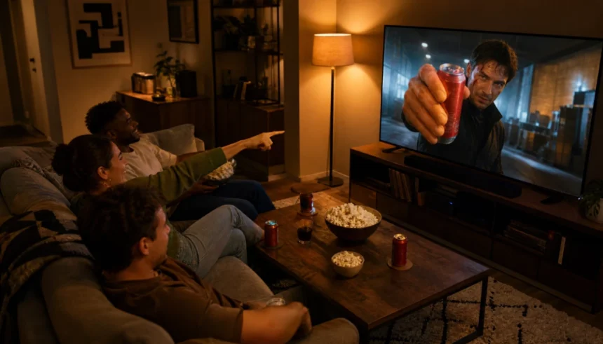 A group of friends watching a movie on TV and pointing at an obvious product placement on screen during a cozy movie night.