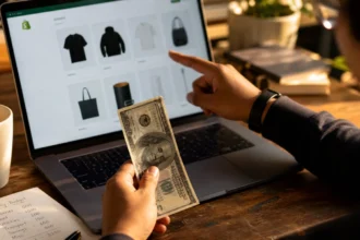 Young person holding $100 bill next to a laptop showing a dropshipping store in 2026