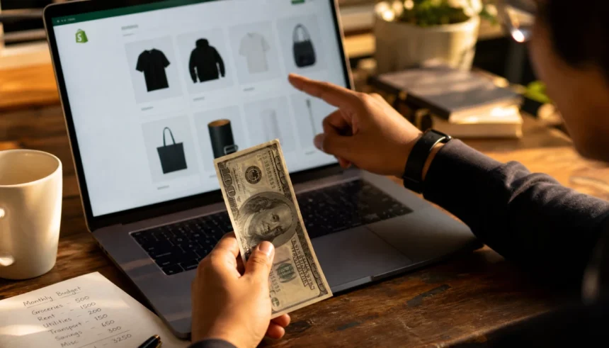 Young person holding $100 bill next to a laptop showing a dropshipping store in 2026