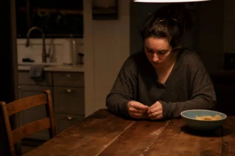 Woman sitting alone at a kitchen table at night, looking down with a tired and thoughtful expression, with a bowl of snacks beside her.