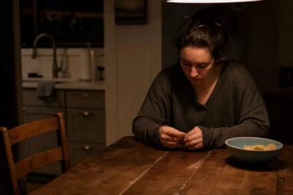 Woman sitting alone at a kitchen table at night, looking down with a tired and thoughtful expression, with a bowl of snacks beside her.