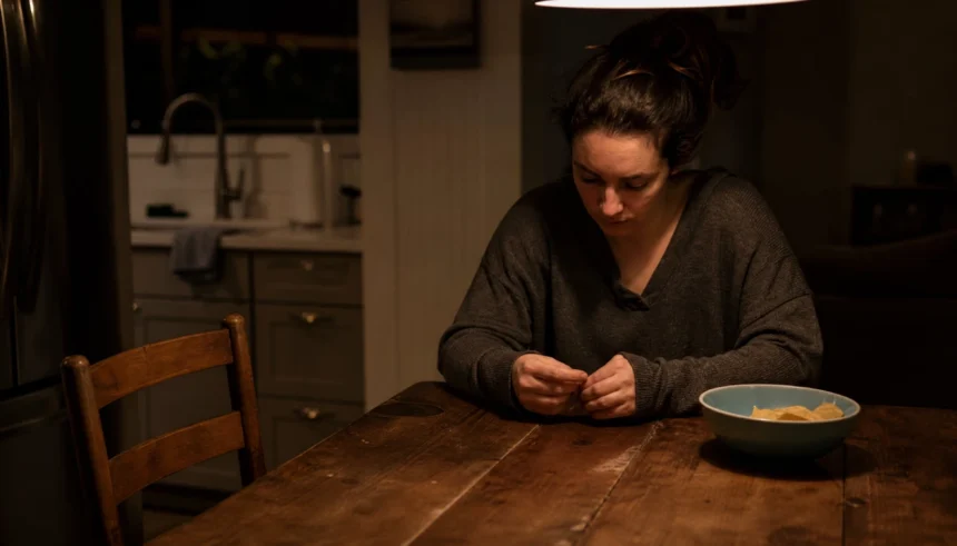 Woman sitting alone at a kitchen table at night, looking down with a tired and thoughtful expression, with a bowl of snacks beside her.