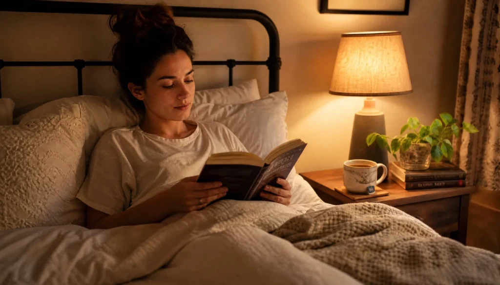 Person reading a book in bed at night with a warm lamp and herbal tea instead of using a phone