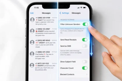 iPhone screen showing spam texts and the Filter Unknown Senders settings toggle turned on