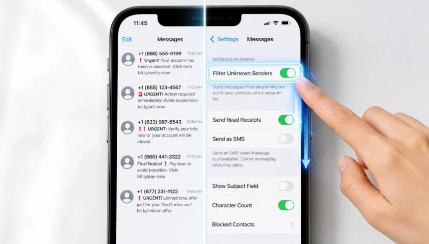iPhone screen showing spam texts and the Filter Unknown Senders settings toggle turned on