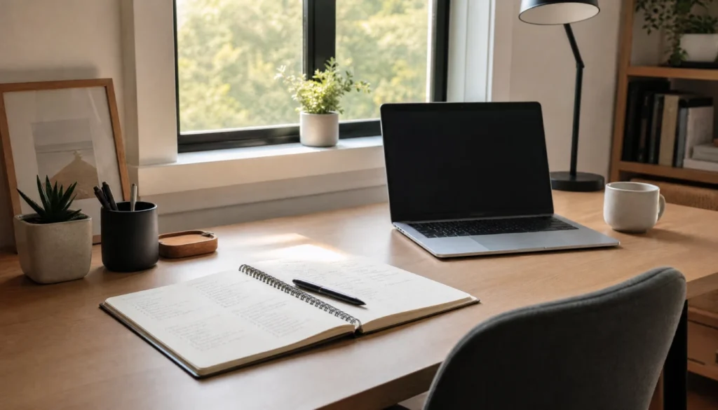 Organized home office desk with an open goal planner representing a home business survival plan for the first six months