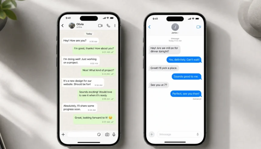 Two smartphones showing WhatsApp grey ticks and iMessage Delivered status after turning off read receipts