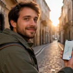 Traveler using Google Maps offline navigation on a smartphone while walking through a European cobblestone street