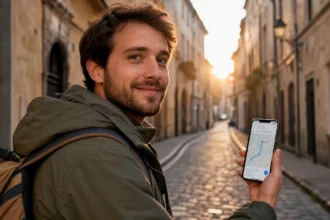 Traveler using Google Maps offline navigation on a smartphone while walking through a European cobblestone street