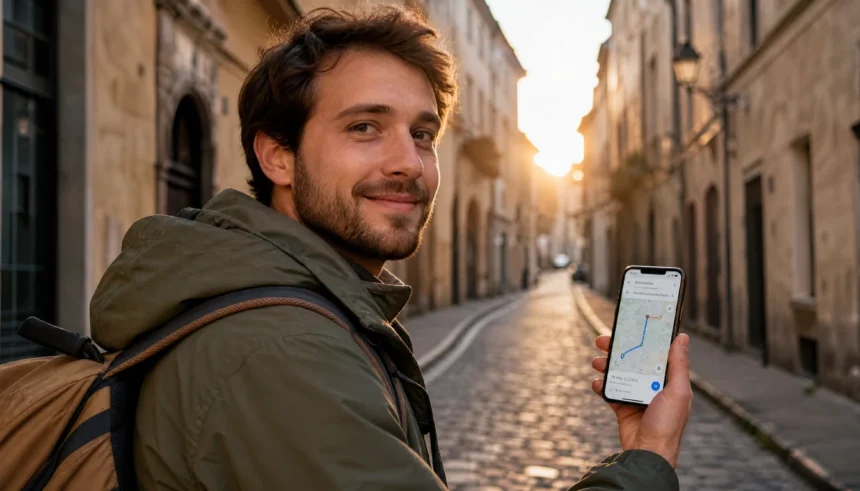 Traveler using Google Maps offline navigation on a smartphone while walking through a European cobblestone street