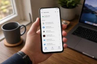 Person holding a smartphone showing Google Password Manager on screen