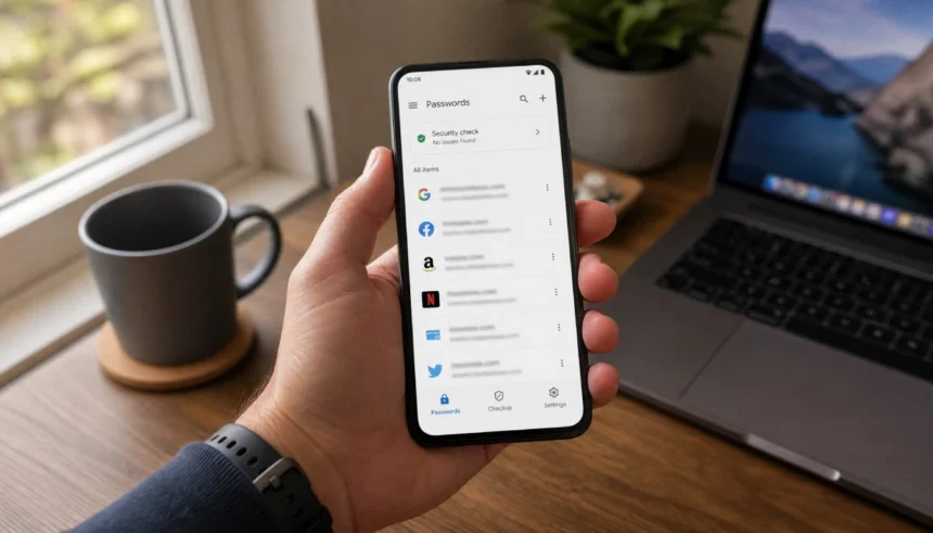 Person holding a smartphone showing Google Password Manager on screen