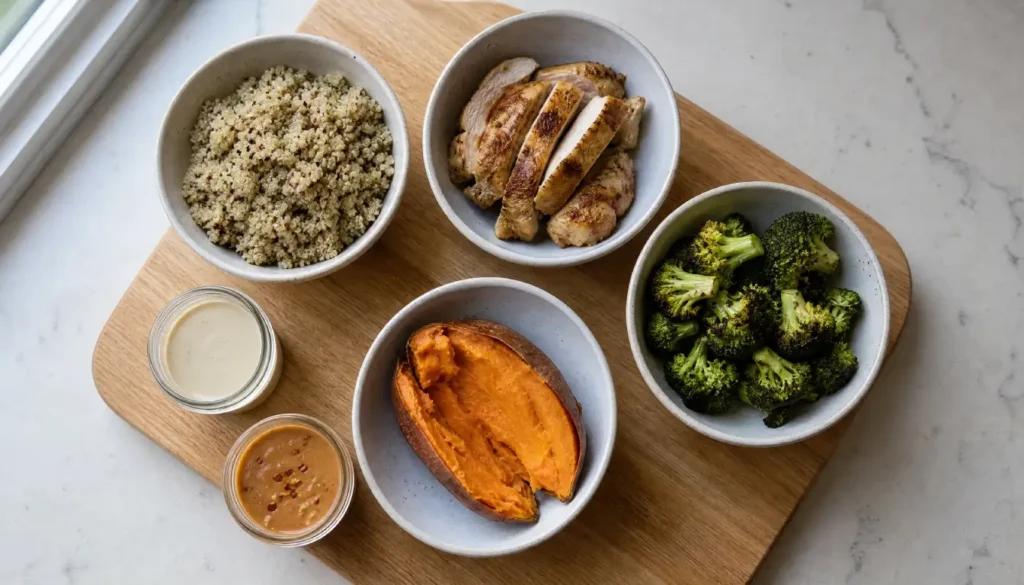 Individual meal prep components laid out separately including cooked quinoa, roasted chicken, broccoli, sweet potato, and two sauce jars