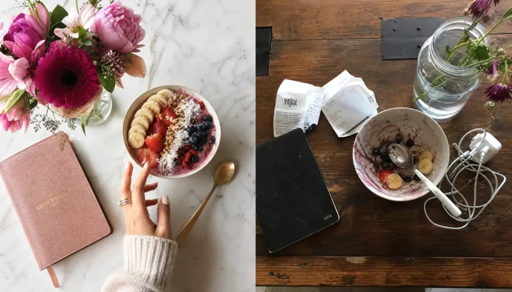 Side-by-side comparison of a staged Instagram flat lay versus the same scene in real, unfiltered life