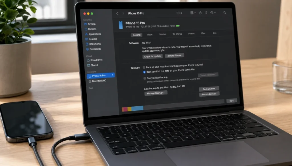 iPhone connected to MacBook showing Finder backup settings with This Computer option selected instead of iCloud