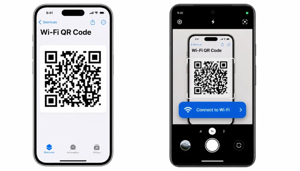 iPhone generating a Wi-Fi QR code and an Android phone scanning it to connect