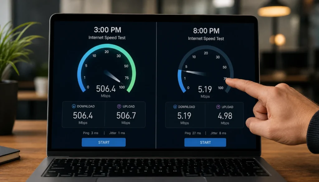 Speed test comparison showing fast afternoon internet and slow evening internet indicating possible ISP throttling