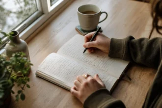 Person writing in a journal on a wooden desk with a cup of tea nearby to manage anxiety