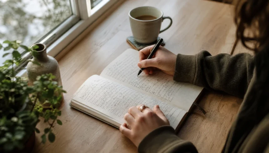 Person writing in a journal on a wooden desk with a cup of tea nearby to manage anxiety