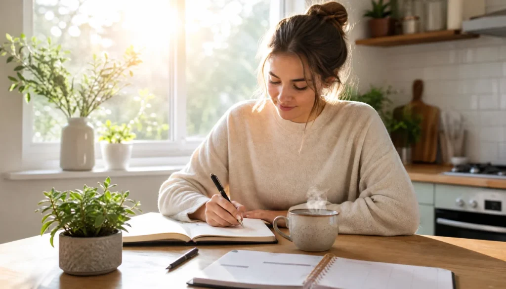 Young woman journaling at her kitchen table in the morning sunlight,taking small steps forward after feeling behind in life