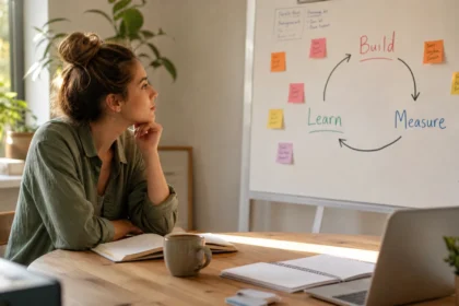 Young woman planning her lean startup method steps on a whiteboard with sticky notes