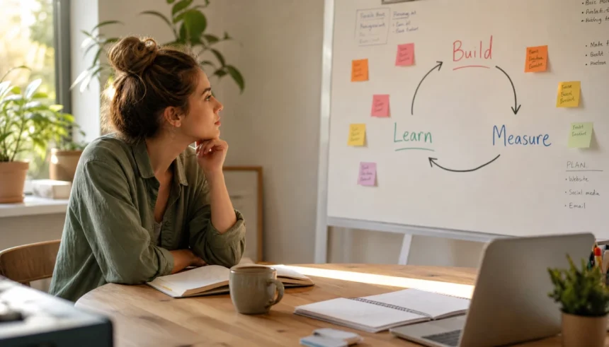 Young woman planning her lean startup method steps on a whiteboard with sticky notes