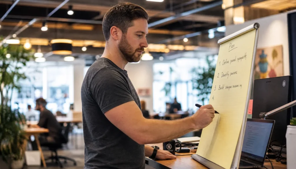 Man writing step-by-step lean startup process on a sticky note pad at a standing desk