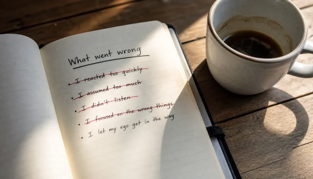 Open notebook with crossed-out mistakes list representing common lean startup errors beginners make