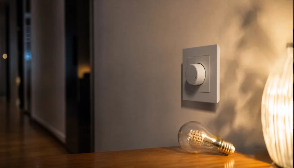 Close-up of a dimmer switch next to an LED bulb showing incompatibility and flickering