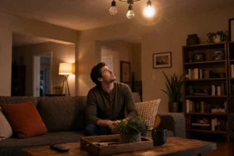 Person sitting in a living room looking up at a flickering ceiling LED light bulb