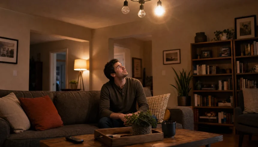 Person sitting in a living room looking up at a flickering ceiling LED light bulb