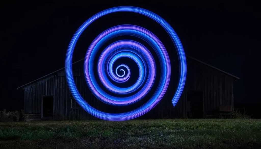Light painting spiral created with OM System Live Composite, f/8, 1/2 second composites, total 1 minute.