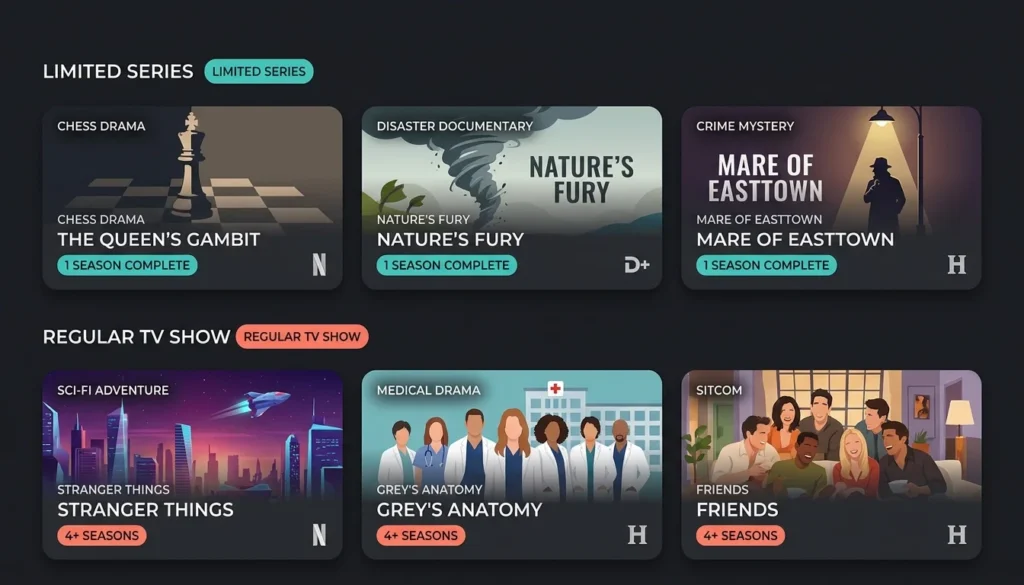 Grid showing limited series examples like a chess drama and crime mystery in the top row versus regular TV shows like a sci-fi adventure and medical drama with multiple seasons in the bottom row