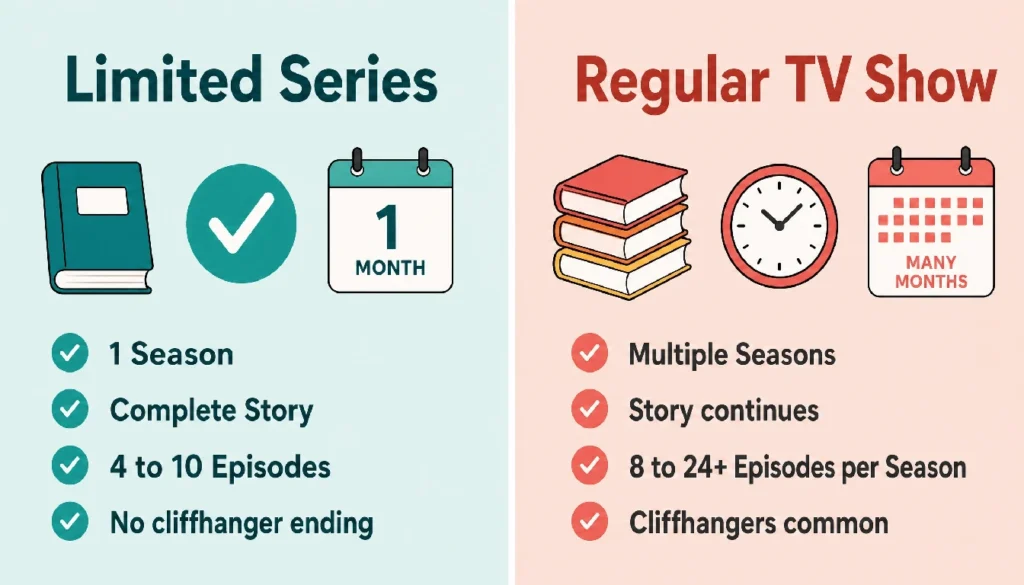 Comparison infographic showing limited series with one complete season of 4 to 10 episodes versus a regular TV show with multiple seasons and 8 to 24 or more episodes per season