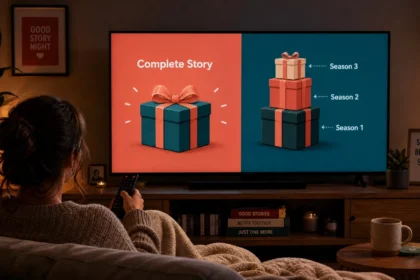 A person on a couch with a remote, TV screen split between a gift box labeled Complete Story for a limited series and a stack of boxes labeled Season 1 Season 2 for a regular TV show
