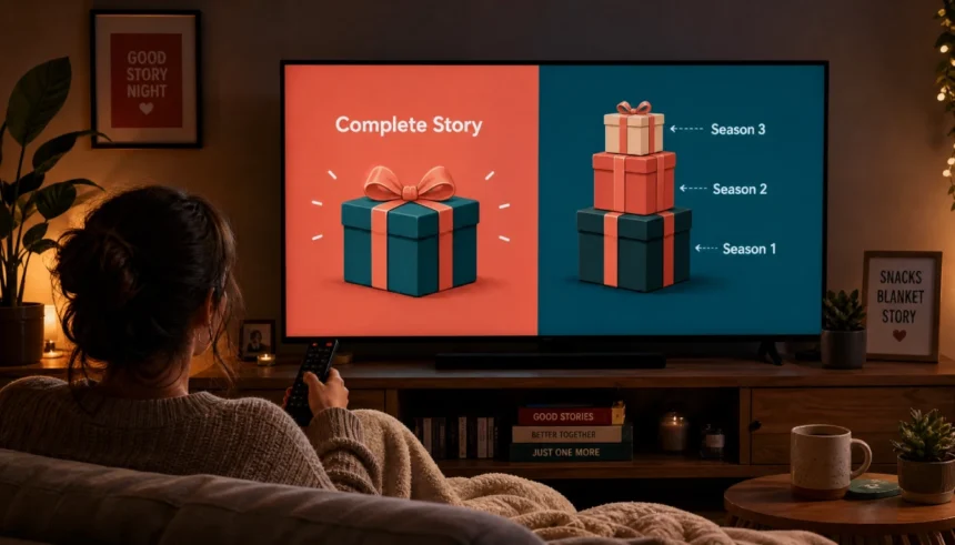 A person on a couch with a remote, TV screen split between a gift box labeled Complete Story for a limited series and a stack of boxes labeled Season 1 Season 2 for a regular TV show